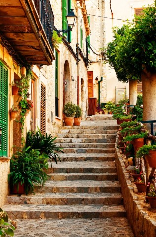 Street in Valldemossa village in Mallorca, Spain